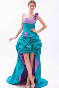 Teal and Lavender A-line One Shoulder High-low Taffeta Beading and Hand Made FLowers Prom Dress