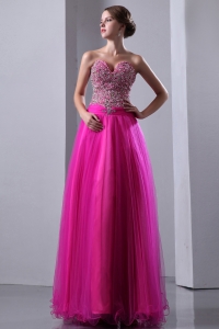 Fuchsia A-line Sweetheart Floor-length Elastic Wove Satin and Organza Beading Prom Dress