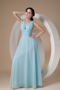 Light Blue Empire V-neck Floor-length Chiffon Ruch Prom Dress