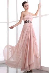 Pink Empire One Shoulder Floor-length Chiffon Appliques Prom Dress