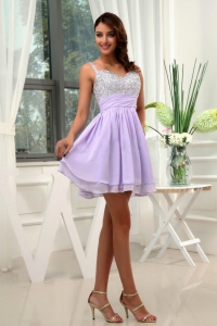 Beading Straps Chiffon Mini-length A-Line Lilac Prom Dress