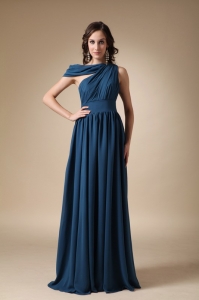 Blue Empire Asymmetrical Floor-length Ruch Chiffon Prom / Evening Dress