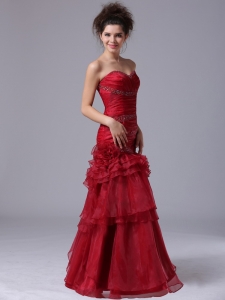 Mermaid Ruffles Red Sweetheart Organza 2019 Prom Dress With Beading