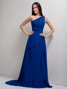 Blue A-line One Shoulder Court Train Elastic Wove Satin and Chiffon Ruch Prom Dress