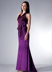 Eggplant Purple Cloumn Halter Brush Train Satin and Chiffon Bow Bridesmaid Dress