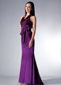 Eggplant Purple Cloumn Halter Brush Train Satin and Chiffon Bow Bridesmaid Dress