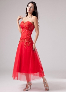 Luxurious Red Sweetheart Prom Dress Beading Appliques With Tulle