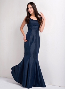 Navy Blue Mermaid Scoop Floor-legnth Taffeta Prom Dress