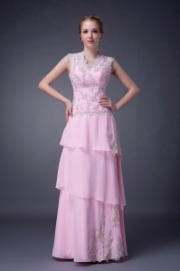Pink Empire V-neck Floor-length Chiffon Appliques Prom Dress