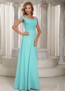 Simple Aque Blue Off The Shoulder Ruched Bodice Customize Prom Dress With Beading Chiffon 2019