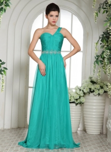 Wholesale Turquoise One Shoulder Prom Celebrity Dress With Ruch and Beading