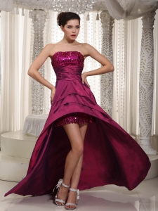 Red A-line Strapless Asymmetrical Taffeta Sequins Prom Dress