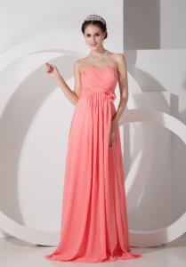 Watermelon Empire Sweetheart Brush Train Chiffon Ruch and Hand Made Flowers Prom Dress