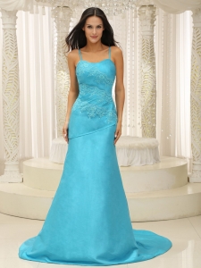 Aqua Blue Spaghetti Straps Prom Dress For Celebeity Appliques Custom Made