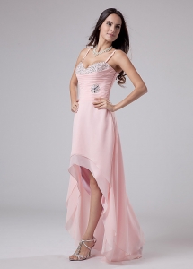 Beading Spaghetti Straps Empire Chiffon High-low Prom Dress Baby Pink