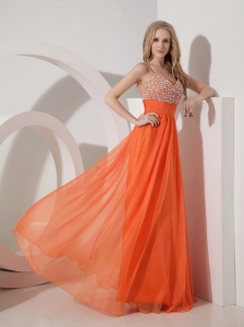 Orange Empire Straps Floor-length Chiffon Beading Prom Dress