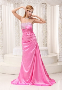 Pink Beaded Decorate Bust Ruched Bodice Brush Train Taffeta 2019 Prom / Evening Dress For Formal Evening