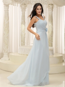 Straps Ruched Bodice and Hand Made Flowers Baby Blue Prom Dress