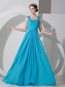 Teal Empire Square Brush Train Chiffon Ruch Prom Dress