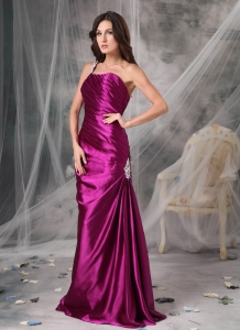 Fuchsia Column One Shoulder Floor-length Taffeta Appliques Prom Dress