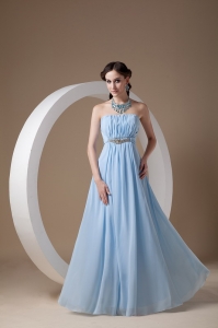 Light Blue Empire Strapless Floor-length Chiffon Beading and Ruch Prom Dress