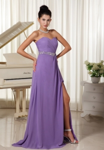 Lilac High Slit With Beaded Decorate Waist Sweetheart Custom Made Prom Dress