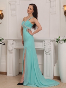 Turquoise Column One Shoulder Brush Train Chiffon Beading Prom / Pageant Dress