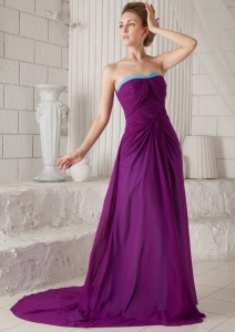 Dark Purple Empire Strapless Brush Chiffon Ruch Prom / Evening Dress