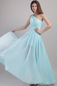 Light Blue Empire One Shoulder Ankle-length Chiffon Ruch Prom Dress