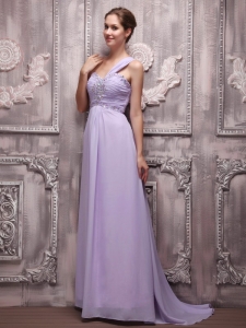 Lilac Empire One Shoulder Brush Train Chiffon Beading Prom / Evening Dress