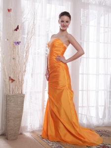 Orange Mermaid Strapless Sweep / Brush Train Taffeta Beading Prom Dress