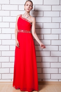 Red Empire One Shoulder Floor-length Chiffon Beading Prom Dress