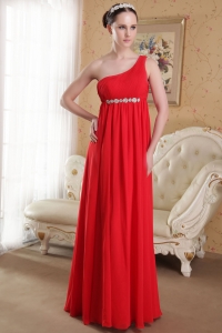 Red Empire One Shoulder Floor-length Chiffon Beading and Ruch Prom / Evening Dress