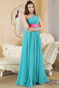 Teal Empire One Shoulder Floor-Length Chiffon Ruch and Beading Prom Dress
