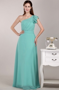 Turquoise Column / Sheath One Shoulder Floor-length Chiffon Ruch Prom Dress