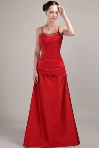 Wine Red Column/Sheath Spaghetti Straps Floor-length Taffeta Beading Prom Dress