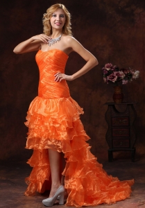 Custom Made Orange Red High-low Ruched Bodice 2019 Prom Dress With Organza