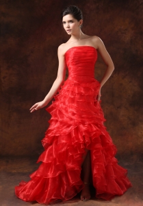 High Slit Red Ruffled Layers Ruched Bodice For 2019 Prom Dress