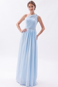 Light Blue Empire One Shoulder Floor-length Chiffon Beading Prom Dress