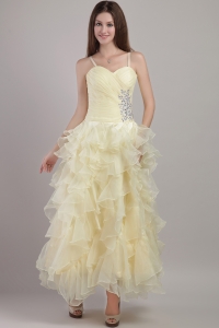 Light Yellow Empire Straps Ankle-length Organza Beading Prom / Evening Dress