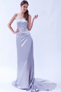 Lilac Column Strapless Brush Train Beading Elastic Woven Satin Beading Prom Dress