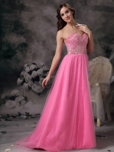 Pink Empire Sweetheart Brush Train Taffeta and Tulle Beading Prom Dress