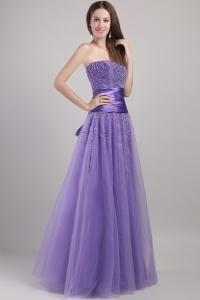 Purple A-line Strapless Floor-length Tulle Beading Prom / Party Dress