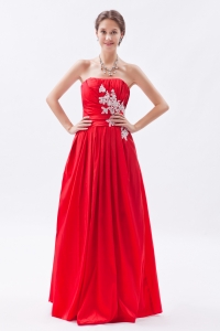 Red Empire Strapless Floor-length Taffeta Appliques Prom Dress