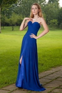 Royal Blue Empire Sweetheart Brush Train Chiffon Ruch Prom Dress