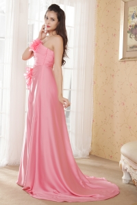 Watermelon Empire Sweetheart Brush Train Elastic Woven Satin Ruch and Beading Prom Dress