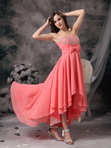 Watermelon Red Empire Sweetheart High-low Chiffon Beading and Bows Prom Dress