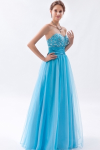 Baby Blue A-line / Princess Sweetheart Floor-length Tulle Beading Prom Dress