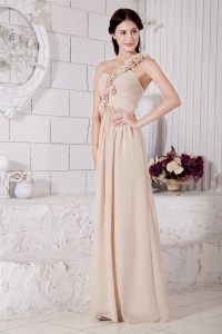 Champagne Empire One Shoulder Floor-length Chiffon Hand Made Flowers Prom / Evening Dress