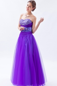 Eggplant Purple A-line / Princess Sweetheart Floor-length Tulle Beading and Bow Prom Dress